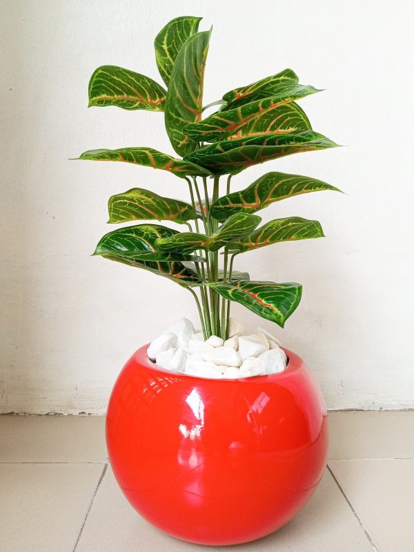 Potted Mini Taro Artificial Plant With a Red Ball Shape Fiberglass Pot - 75cm