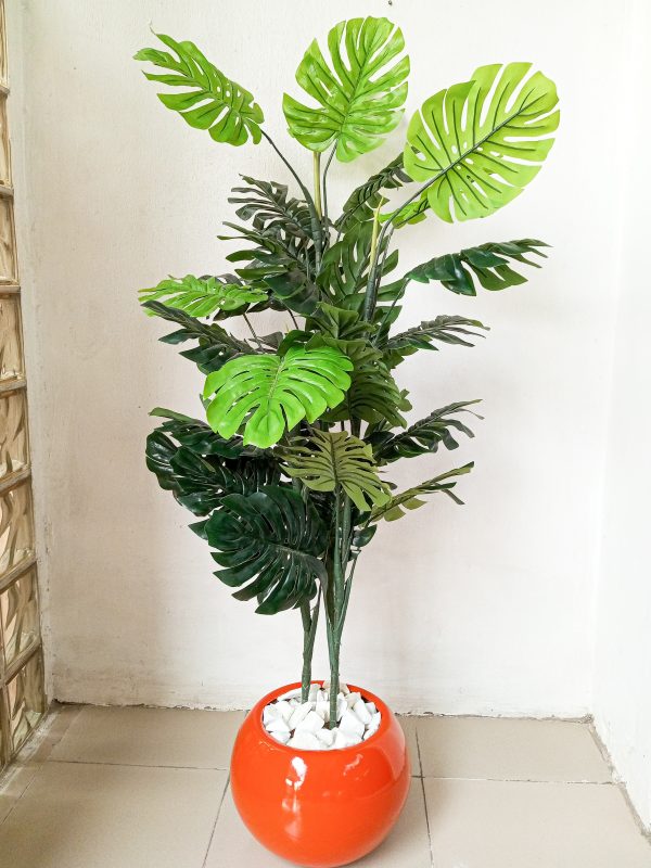 Artificial Potted Monstera Plants With an Orange Ball Shape Fiberglass Pot - 145cm