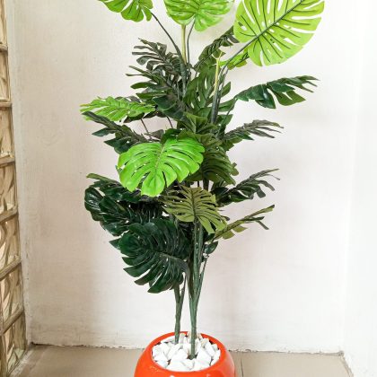 Artificial Potted Monstera Plants With an Orange Ball Shape Fiberglass Pot - 145cm