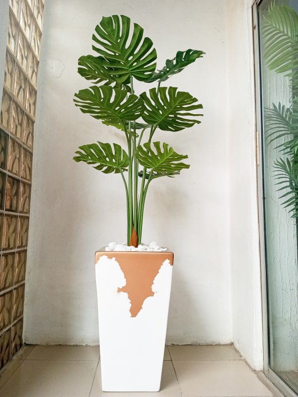 Monstera Artificial Plant Potted with a Tapered Gold and White Fiberglass Vase - Height 175cm