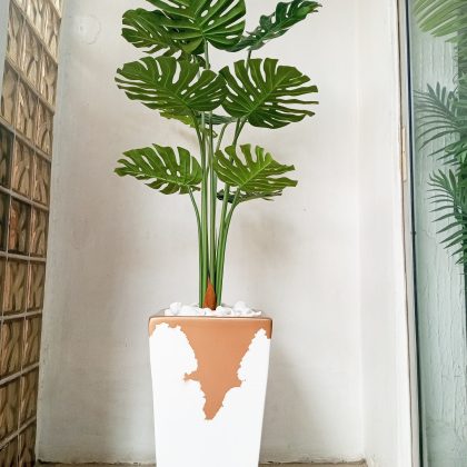 Monstera Artificial Plant Potted with a Tapered Gold and White Fiberglass Vase - Height 175cm