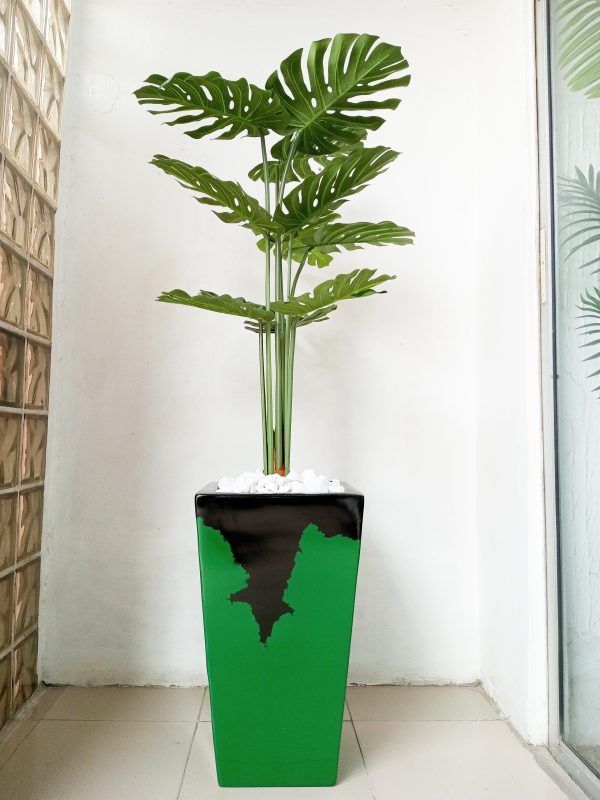 Artificial Monstera Plant Potted With a Black And Green Tapered Fiberglass Vase - Height 175cm