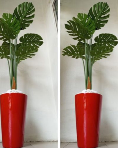 Wide Cylinder Fiberglass Vase Potted with Artificial Monstera Plant