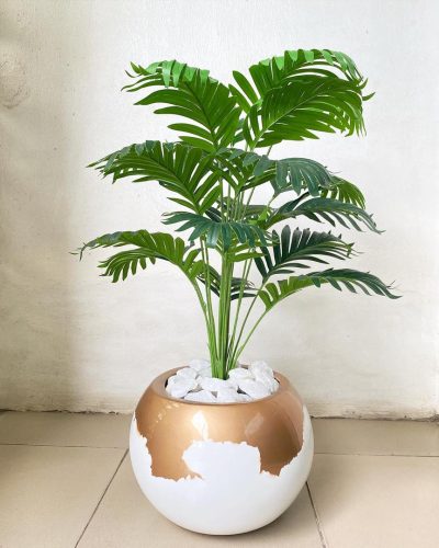 Round Ball Fiberglass Vase Potted With Artificial Small Palm