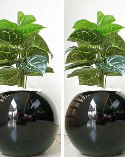 Round Ball Fiberglass Vase Potted With Artificial White Taro Plant